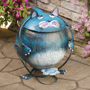 Blue Cat Shaped Metal Trash Can With Lid